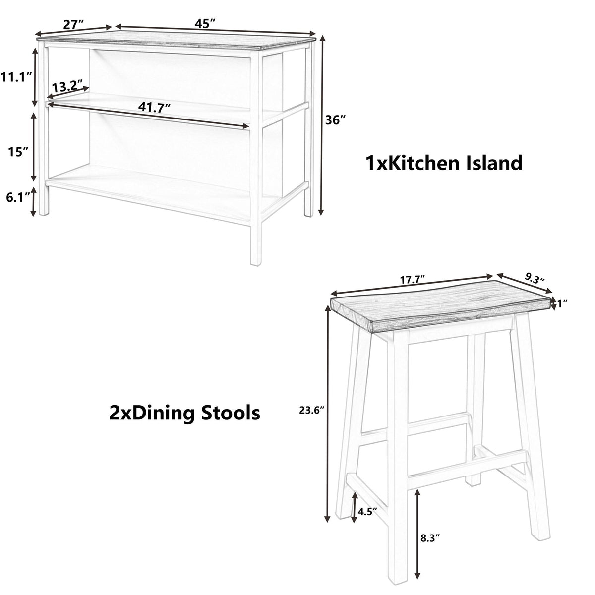 Rustic 3 Piece Stationary Kitchen Island Set With 2 Seatings, With 2 Open Shelves