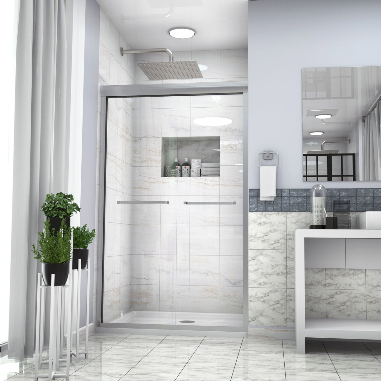 Modern Double Sliding Shower Enclosure, Tempered Glass