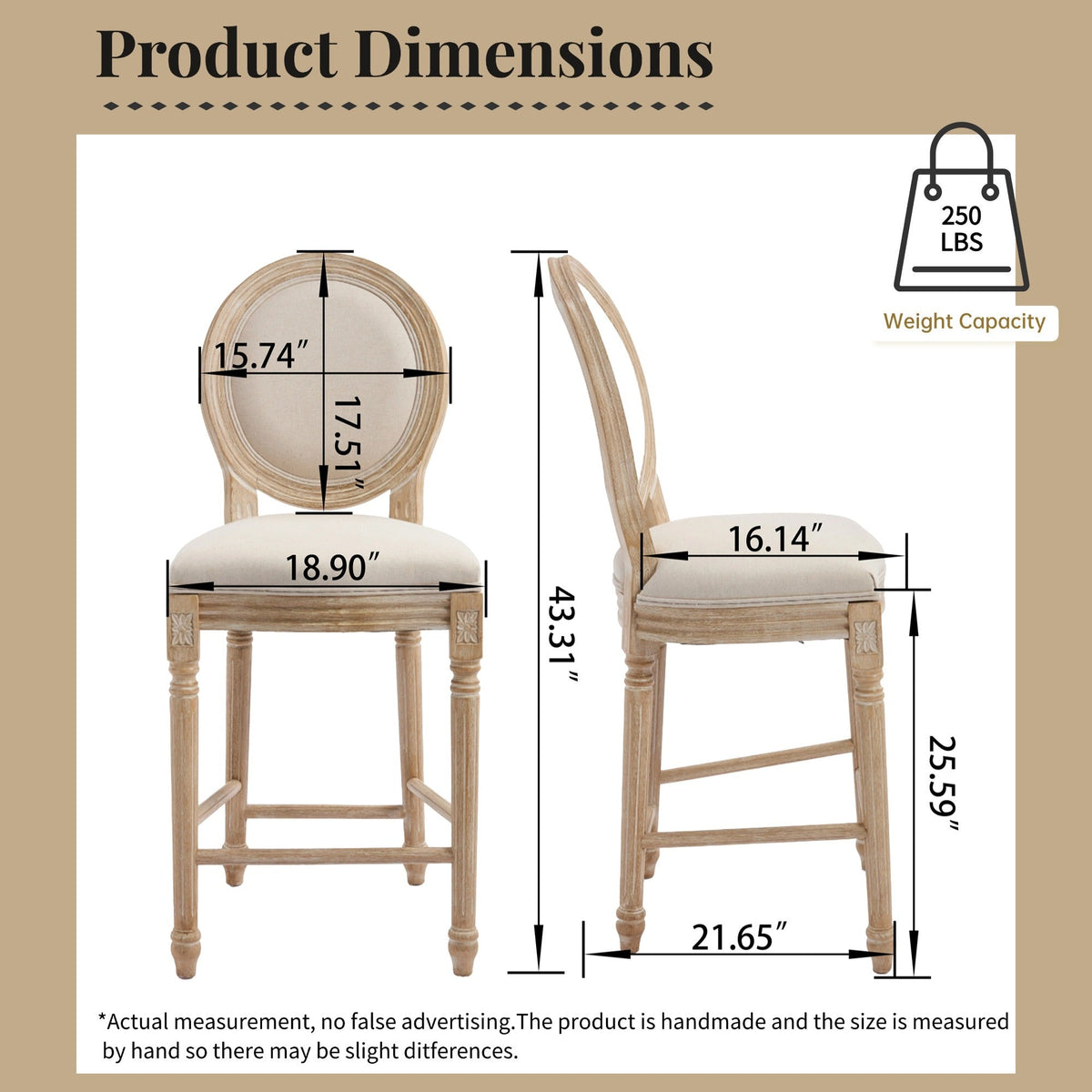 French Country 26'' Height Bar Chairs with Beige Linen Upholstery - Set of 2