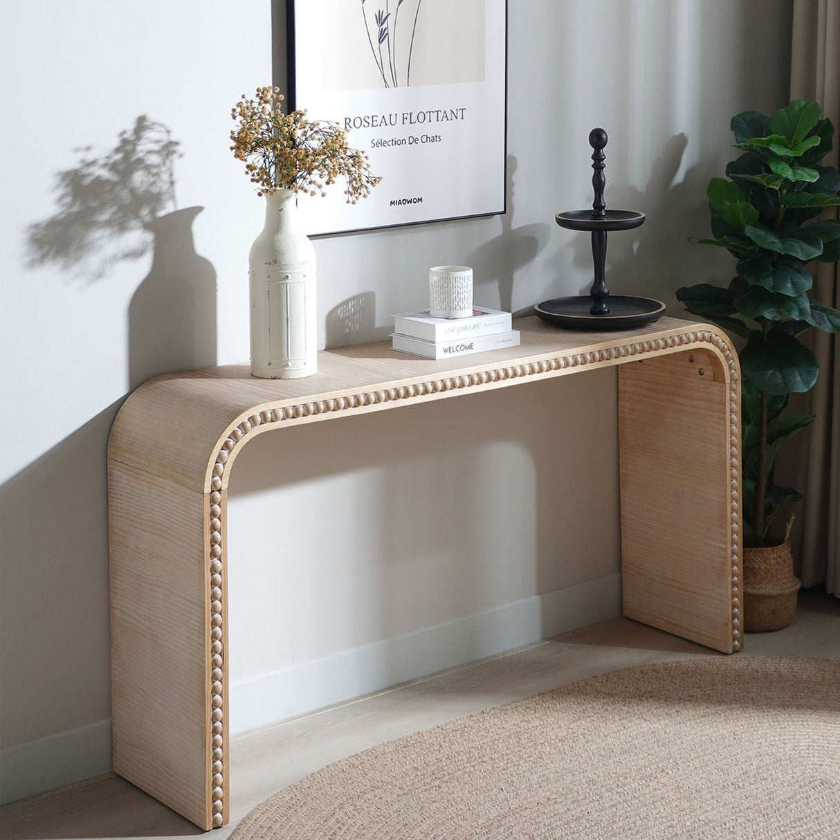59in Console table with wood beads,curved waterfall-style table