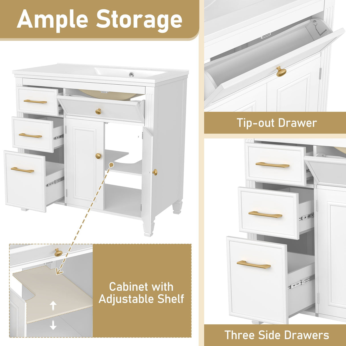 Modern Bathroom Vanity With Ceramic Sink, Freestanding, One Tip Out Drawer, 3 Side Drawers, Adjustable Shelf
