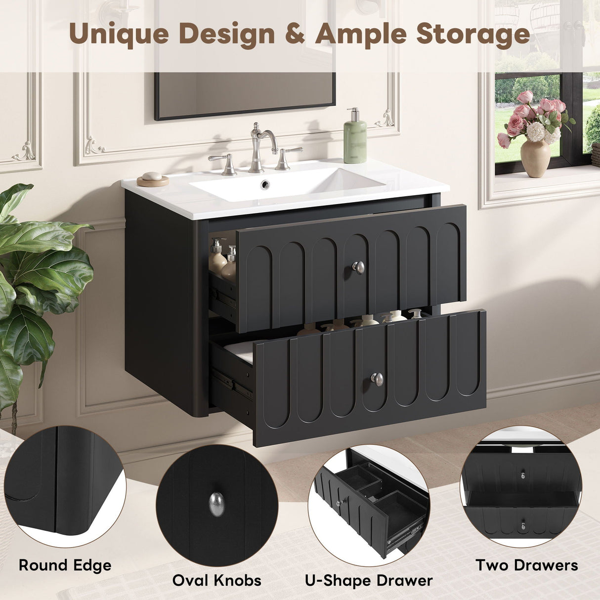 Floating Bathroom Vanity With Oval Knobs & Round Edge, Soft Close Drawer Slides