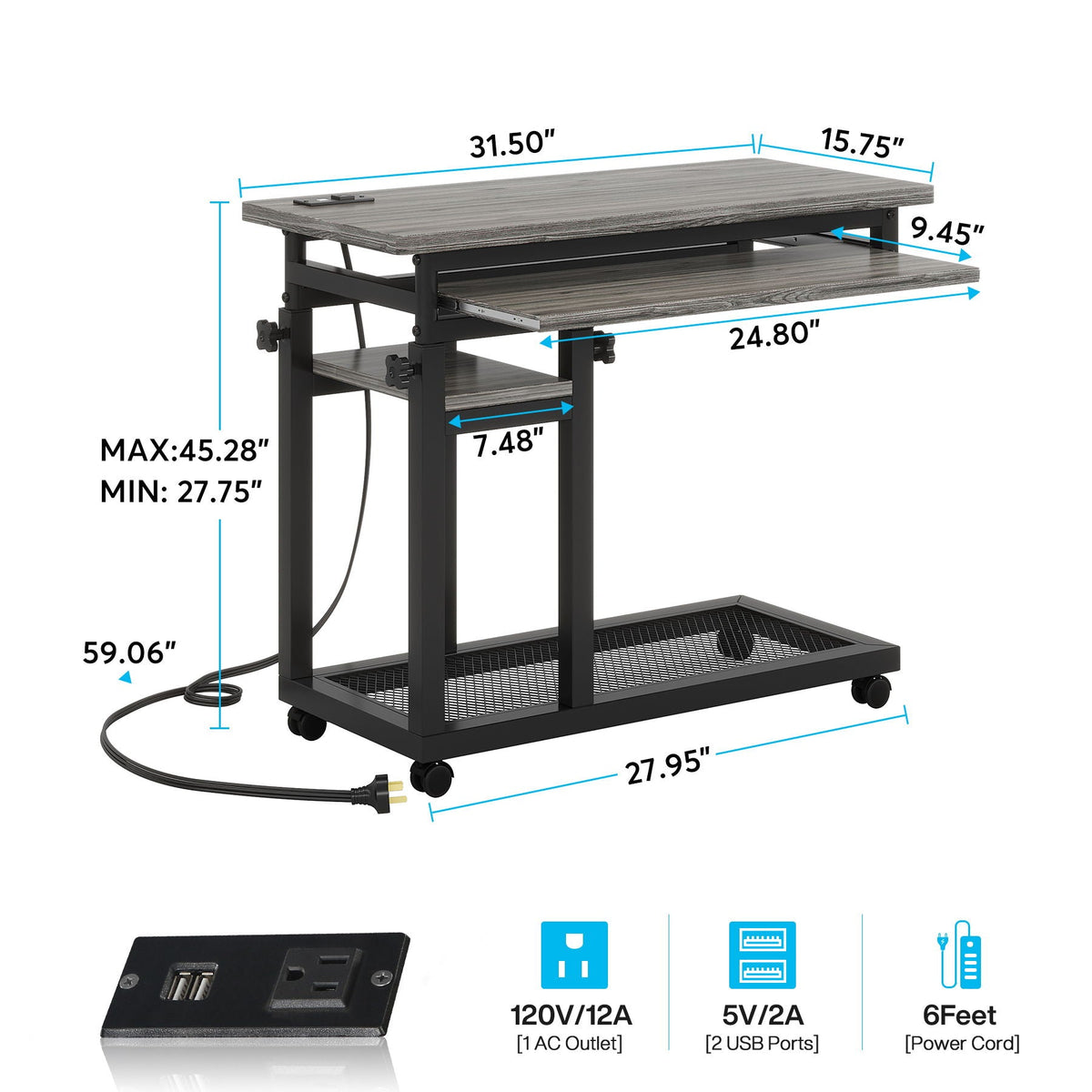 Adjustable Portable C-Shaped Desk With Power Outlet & USB Ports