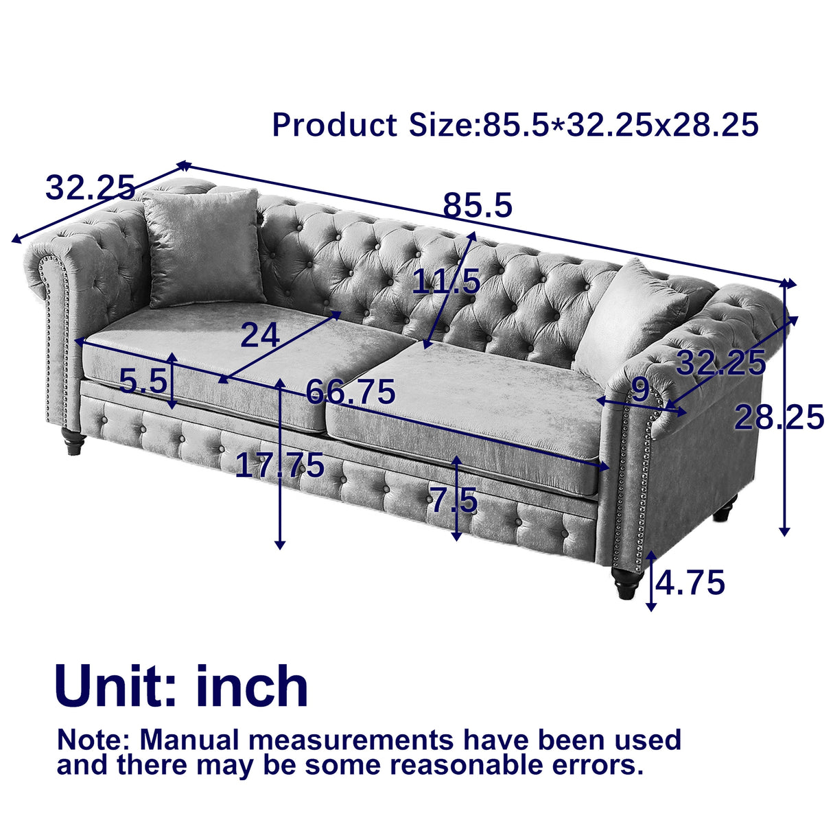 Tech Fabric Chesterfield Sofa with Rolled Arms - 3 Seater