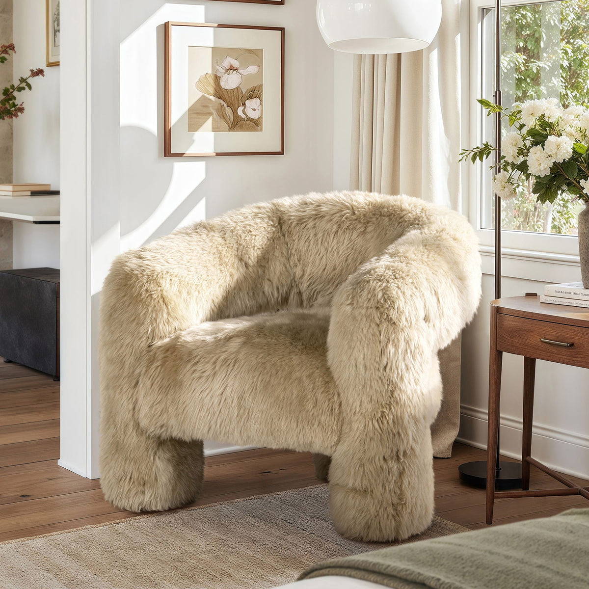 Genuine Sheepskin Fur Split Barrel Back Accent Chair with Sculptural Base - Natural Blonde