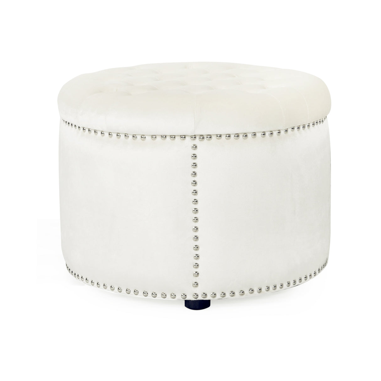 Elegant Round Ottoman with Studded Rim in Beige Velvet