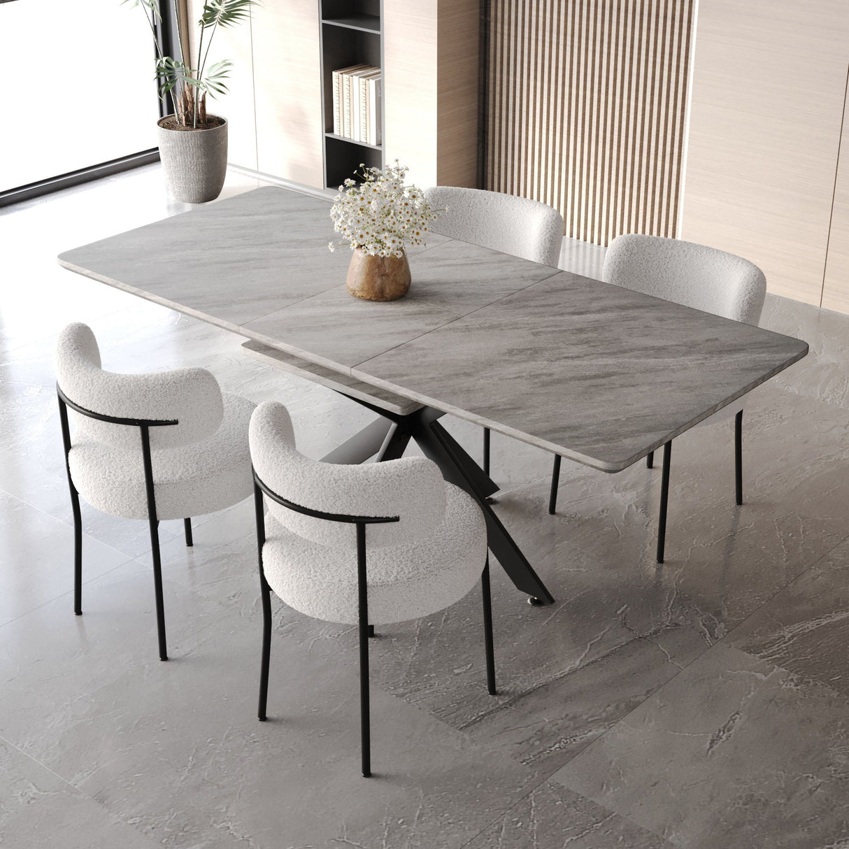 Extendable Dining Table Set With Curved Backrest Upholstered Chairs
