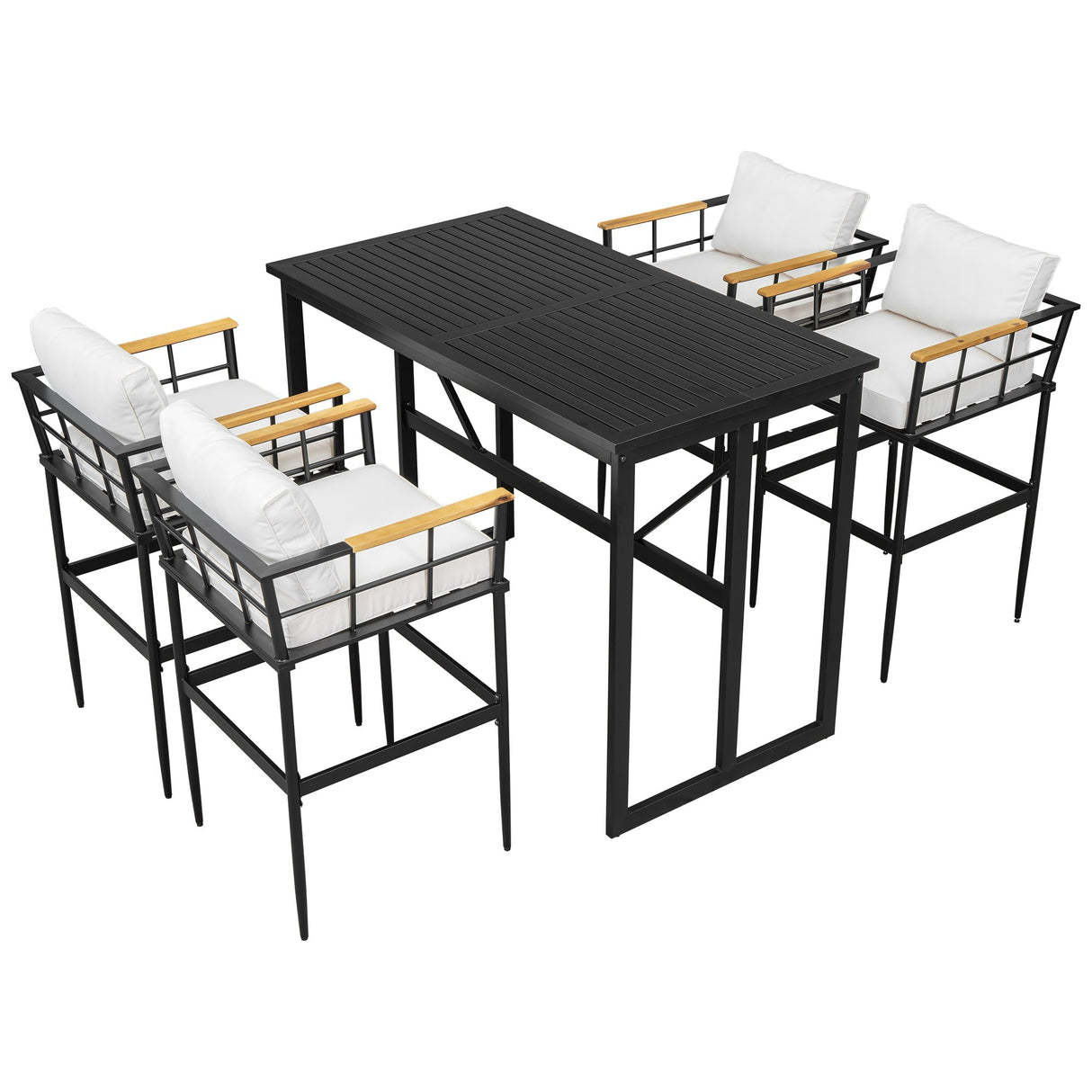 U_Style Iron Outdoor Dining Set with Acacia Wood Armrest