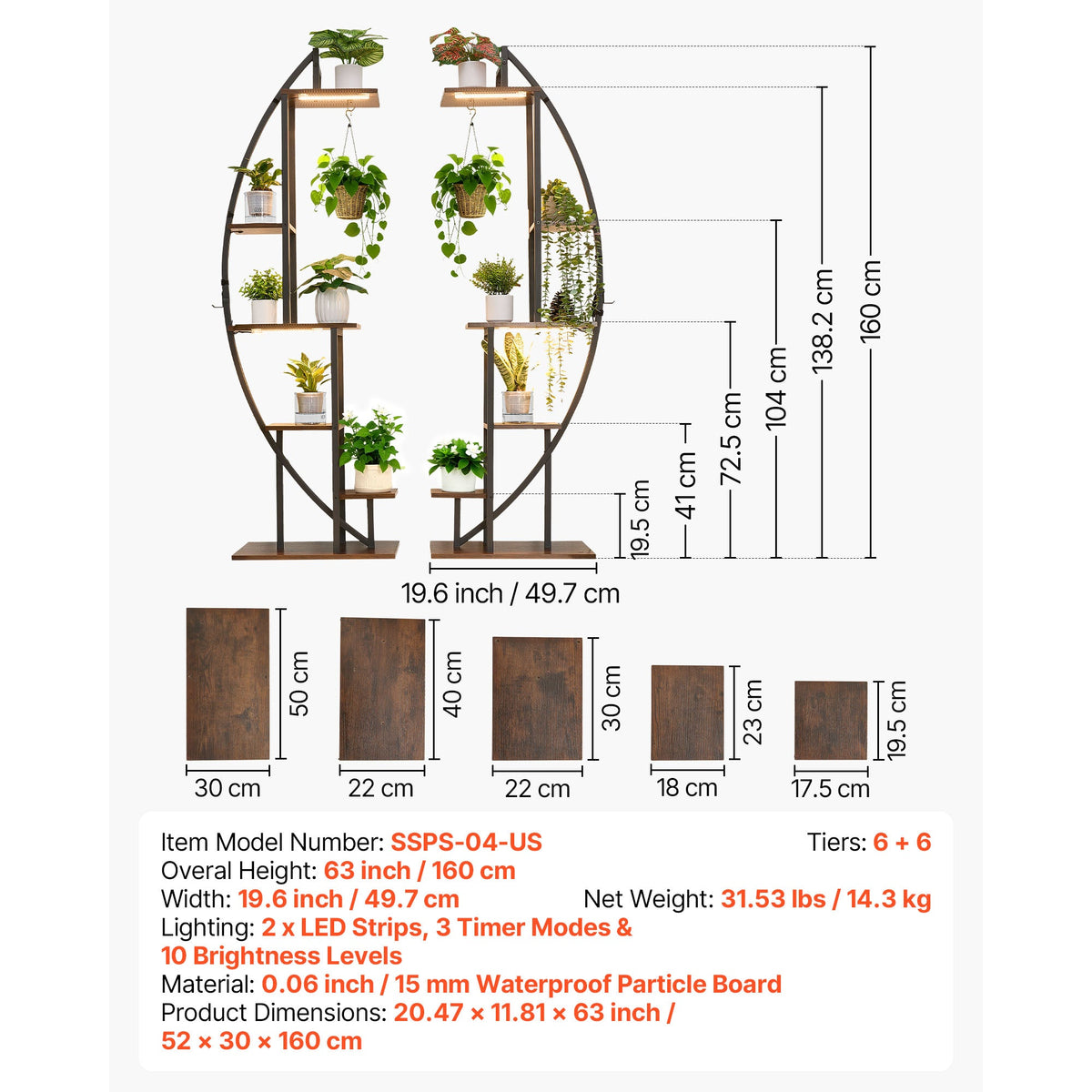 63-Inch Tall 6-Tier Indoor Plant Stand with Grow Lights (2-Pack)