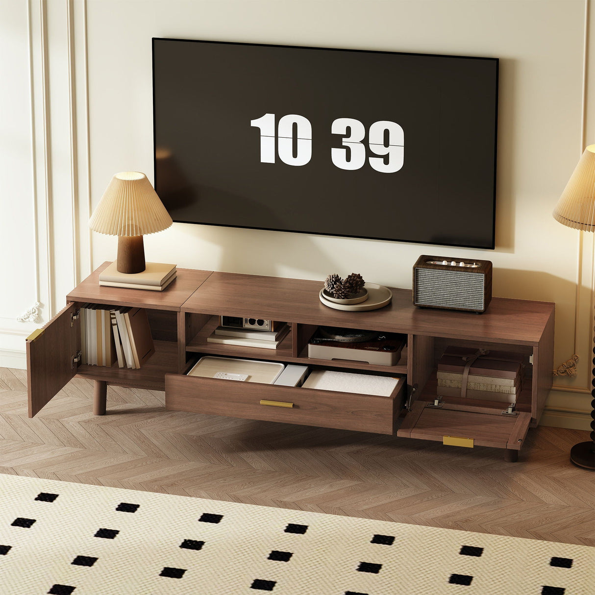 TV Stand for 75" TVs with Soft Closing Doors, Console with Accents and Drop Down Cabinet - Dark Brown