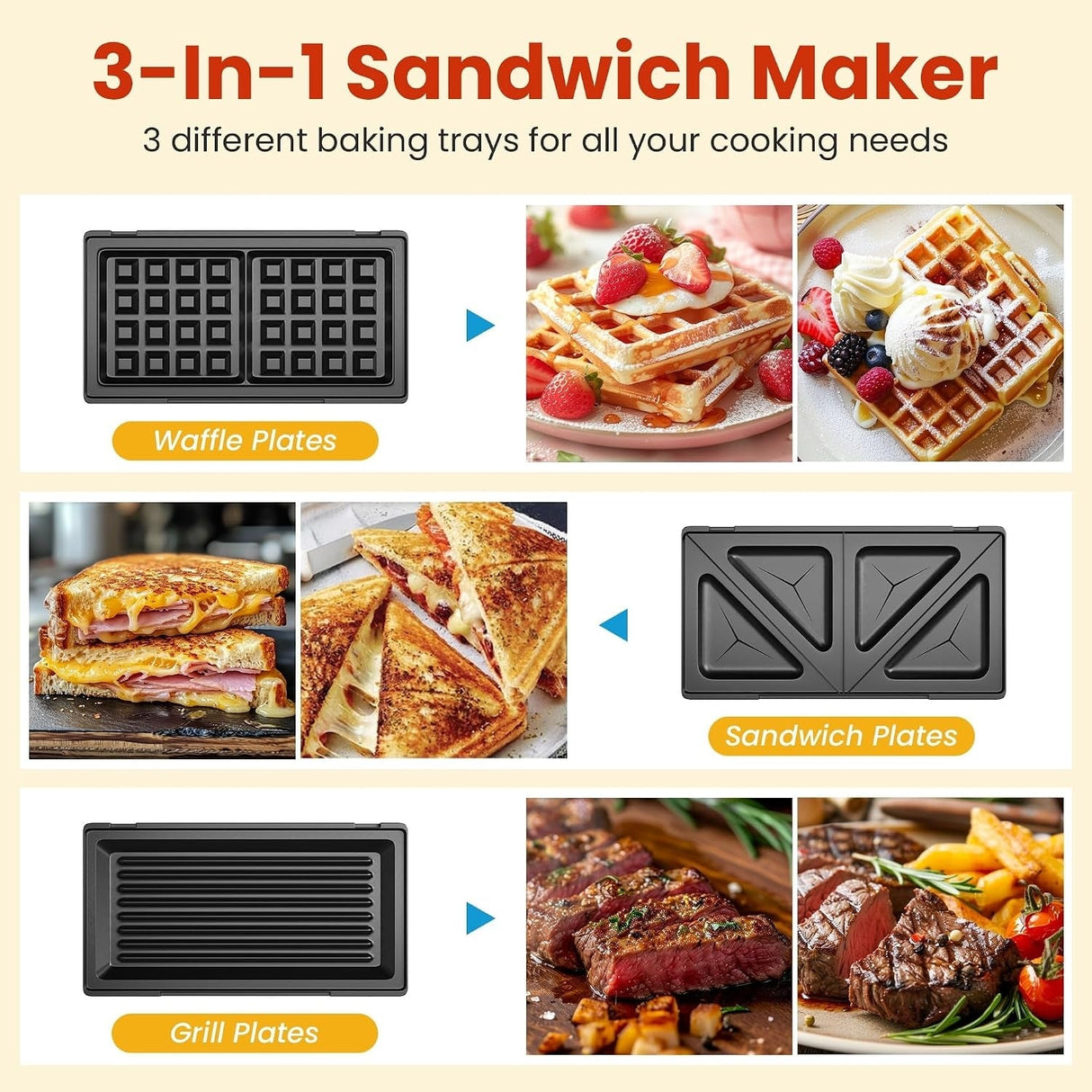 3-in-1 Electric Sandwich Maker & Waffle Grill