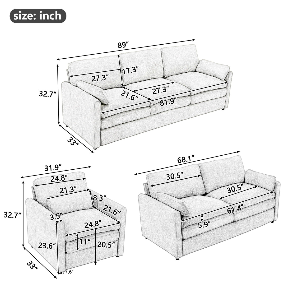 Cozy Sofa Set Oversized Comfy Cloud Sofa with Double Cushion