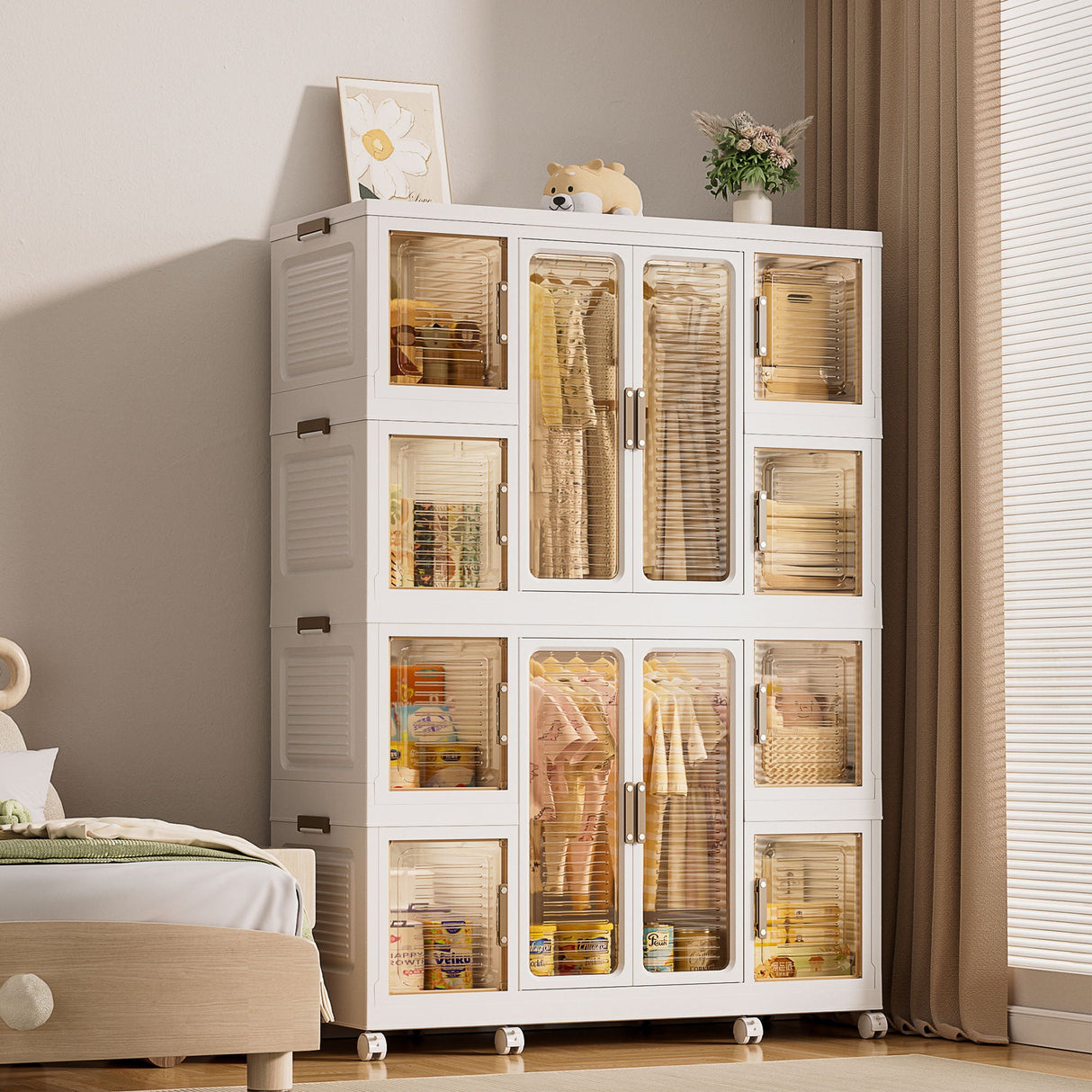 Portable Wardrobe Closet Storage Organizer For Clothes With Magnetic Doors, 12 Cubes & 2 Hanging Rods - White