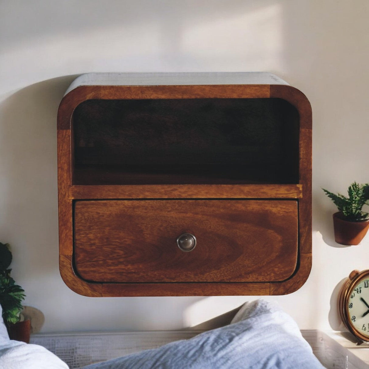 Extra Mini Wall-Mounted Curved Chestnut Nightstand