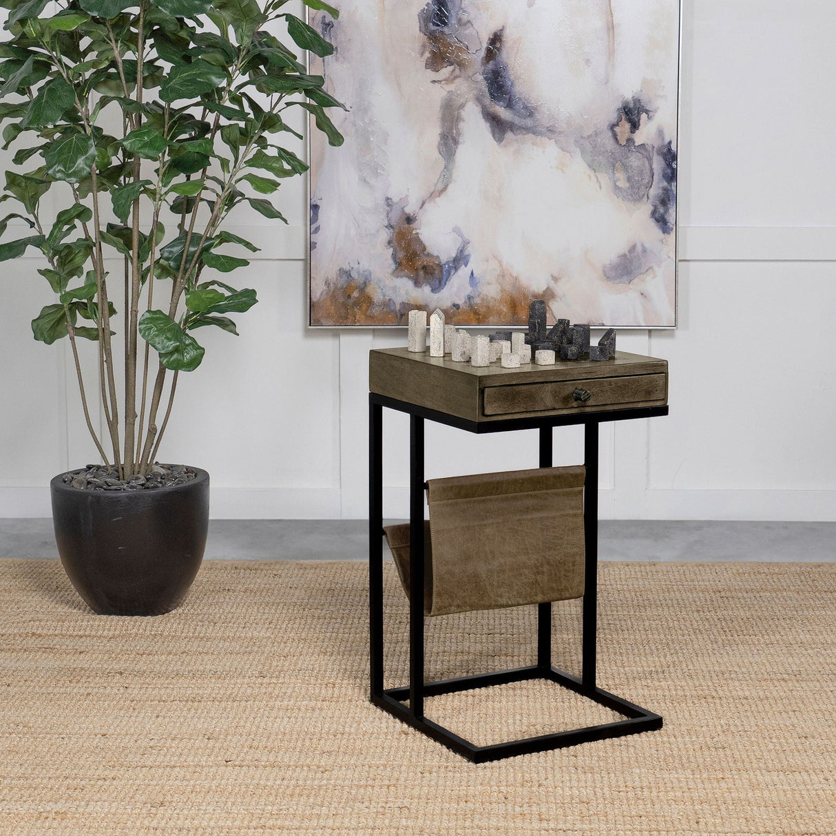 Checkmate - 1 Drawer Side Table With Carved Chess Board - Brown