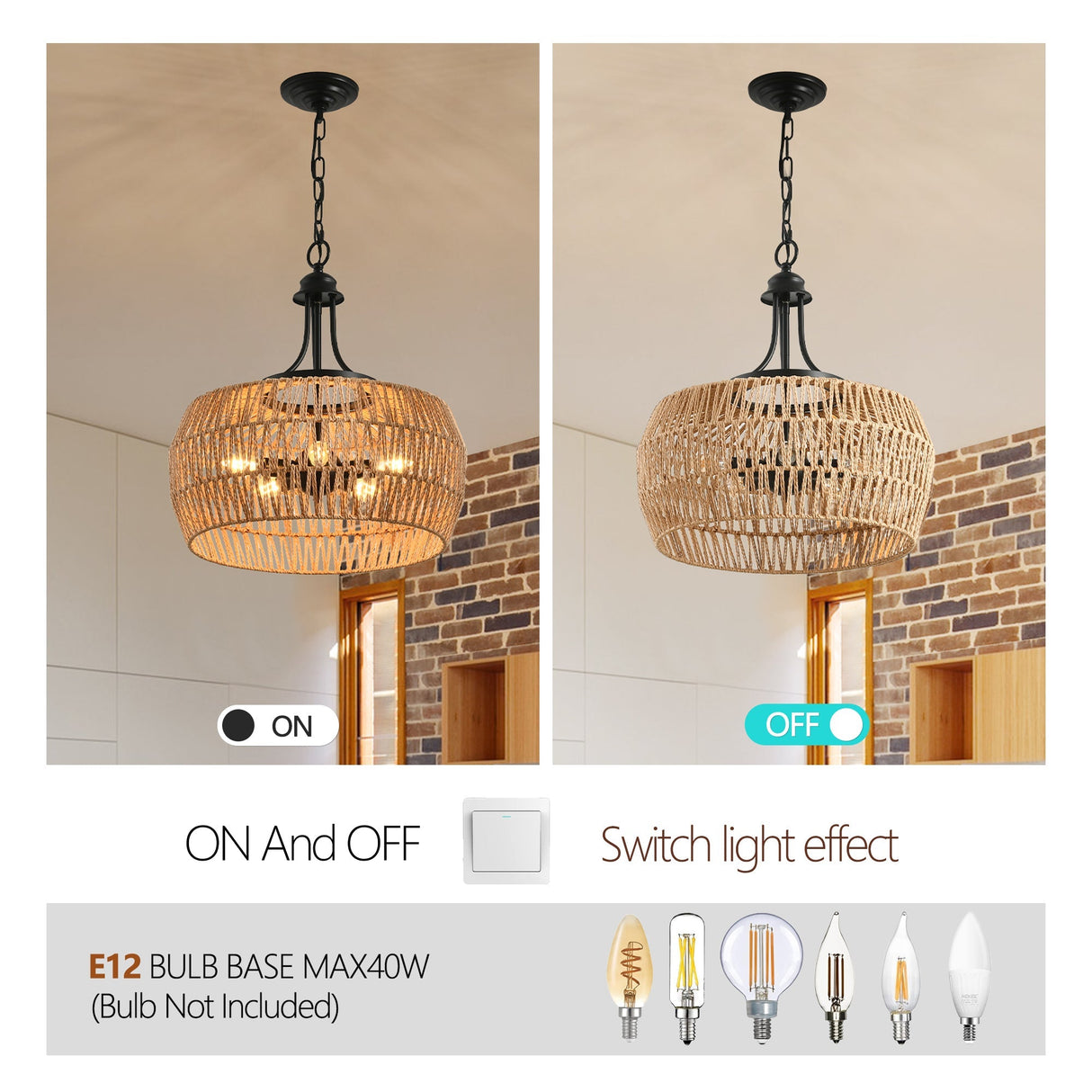 19' Boho Hemp Rope Pendant Light with Adjustable Chain