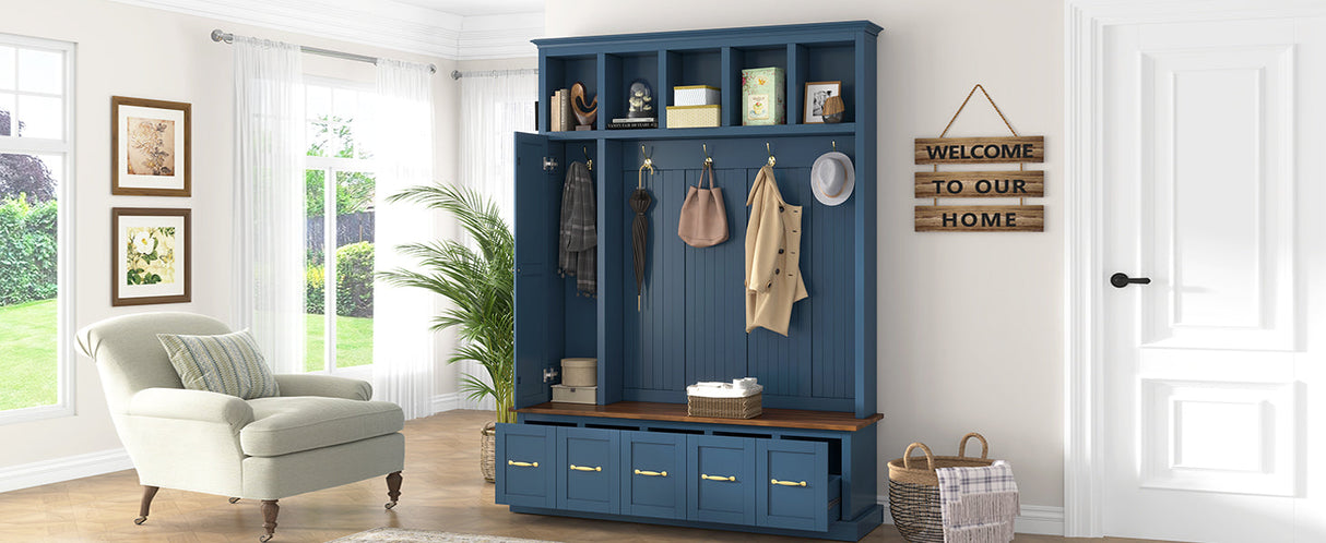 U-Can Entryway Hall Tree with Coat Hooks, Shoe Bench & Drawer Storage Cabinet
