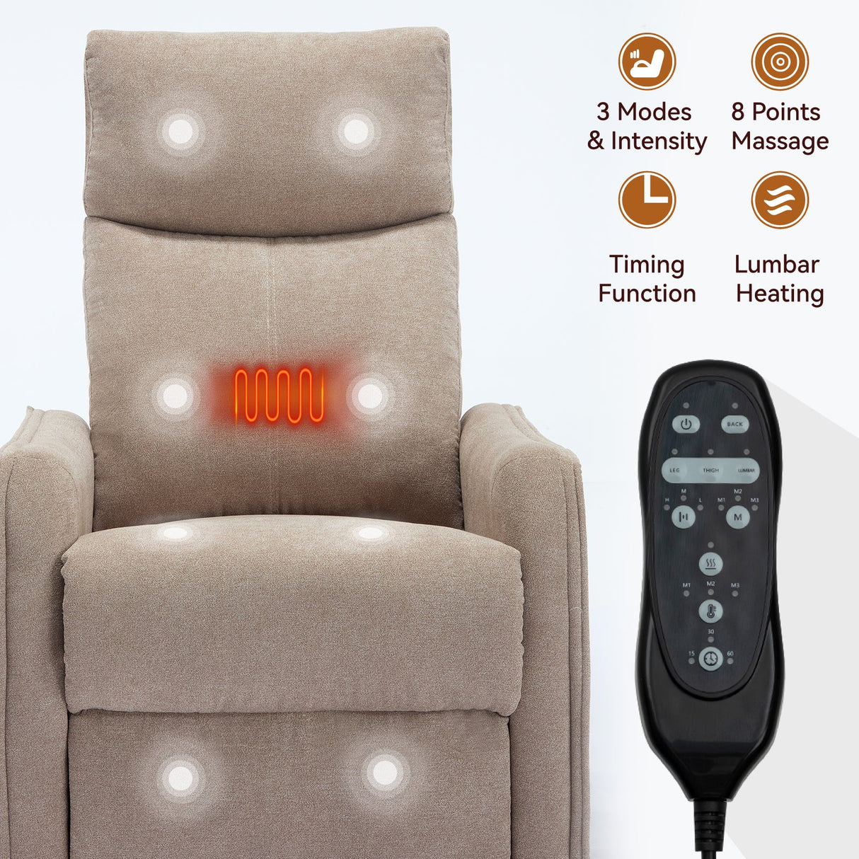 Heat Massage Manual Recliner Chair with Rocker and Swivel in Khaki