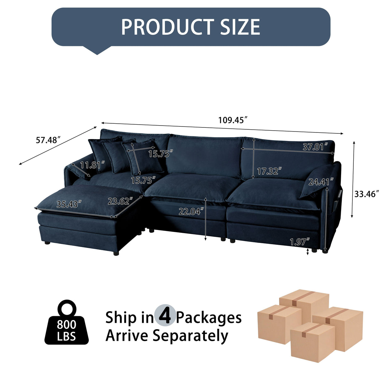 Modular Sectional SofaOversized Deep Seat L Shaped Couch Set for Living Room3-Seater Comfy Cloud Couches Chenille,Blue