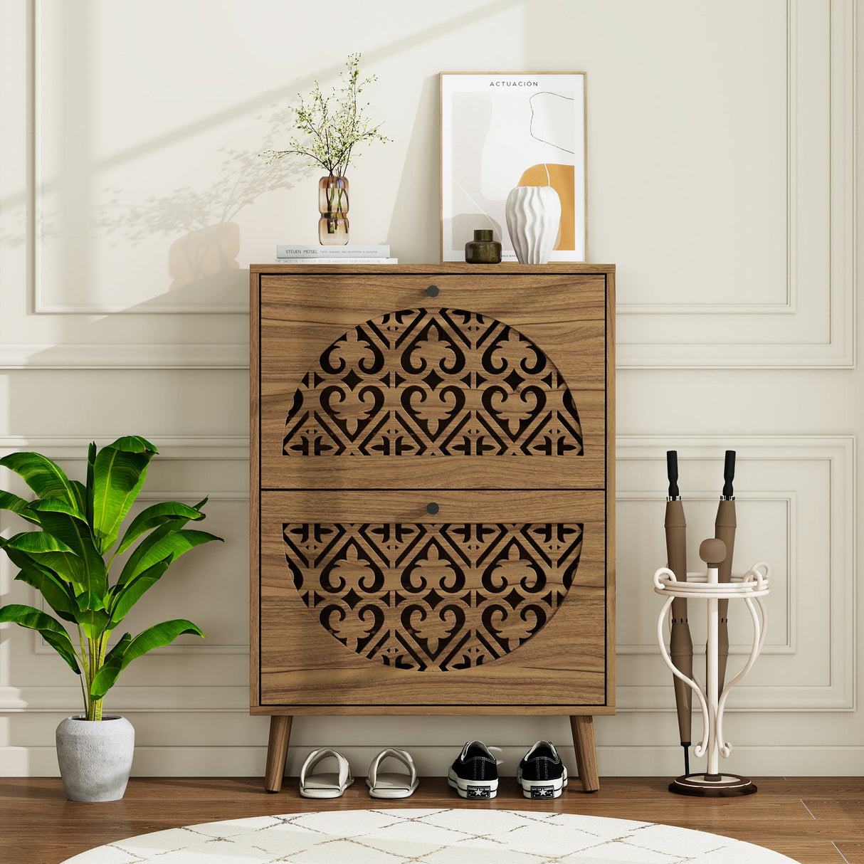 Japandi Narrow Shoe Cabinet with 2 Flip Drawers