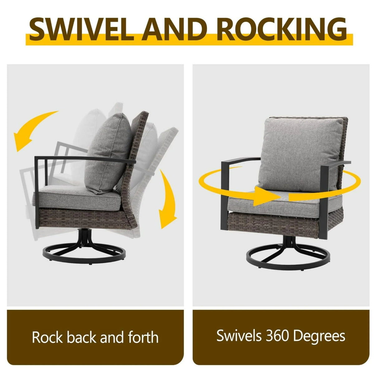 3 Piece Patio Furniture, Swivel Rocker Bistro Set With Side Table & Cushions For Porch - Gray