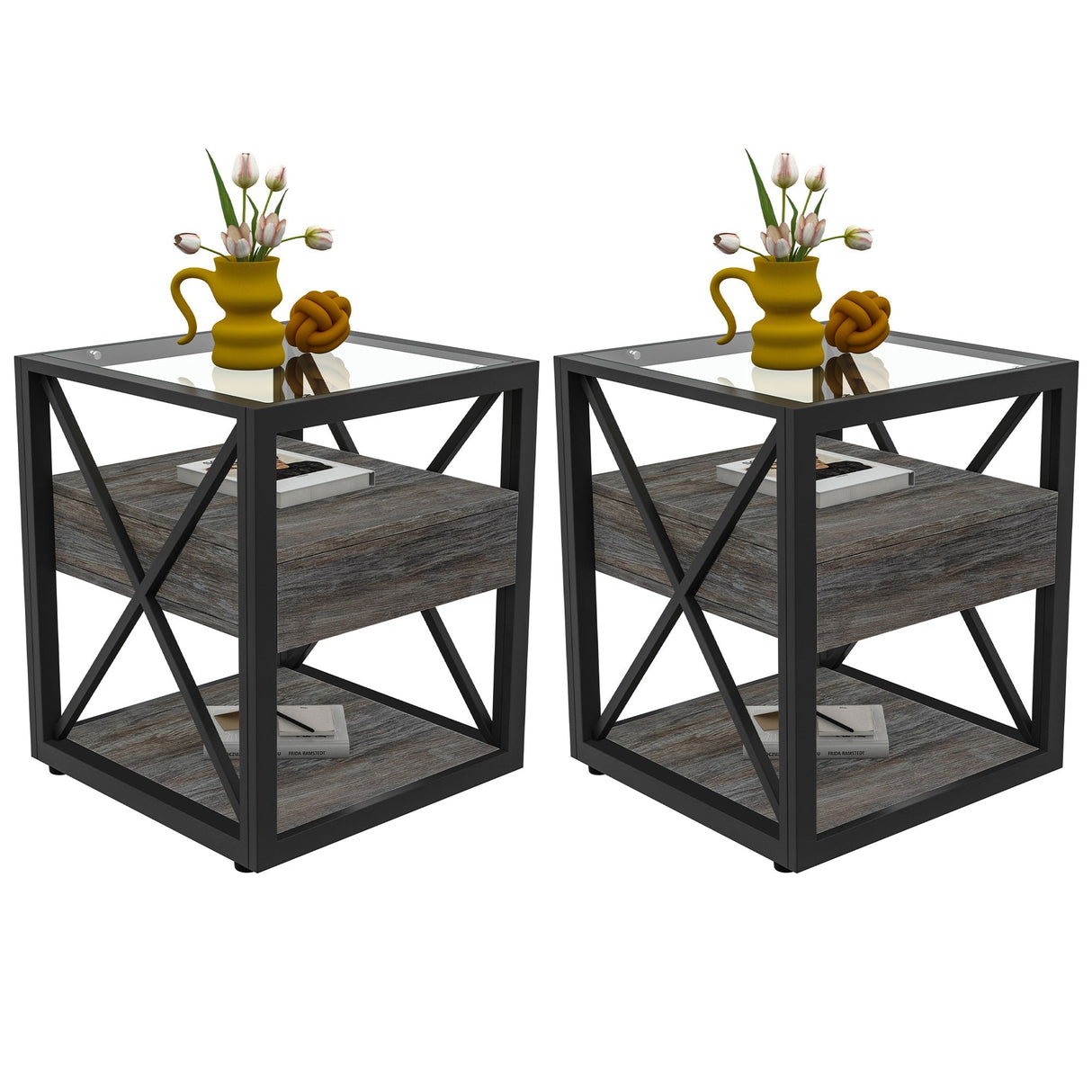Set of 2 Modern End Tables with Drawer - Nightstand