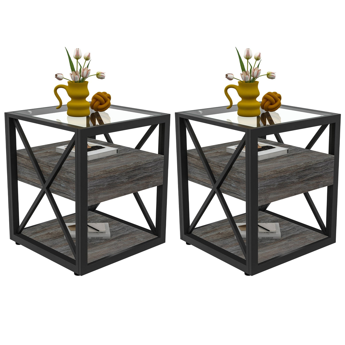 Modern End Tables with Drawer - Set of 2 Nightstands