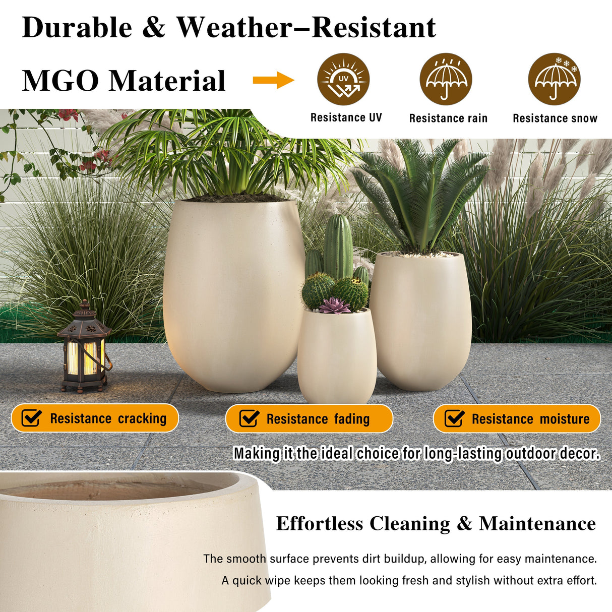 U_STYLE Lightweight Round MGO Outdoor Planter Set - 3 Sizes