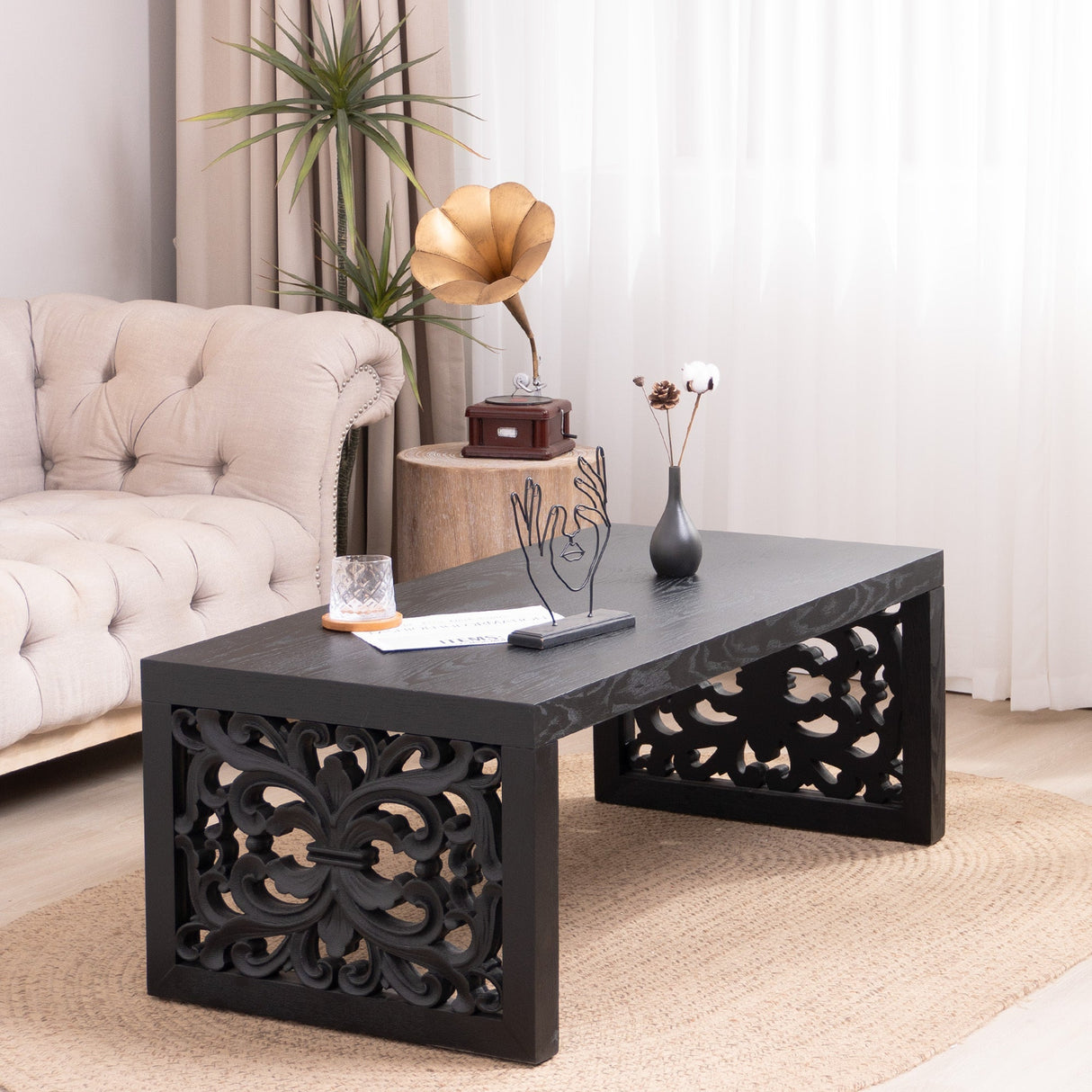 47.2' Solid Black Carved Wood Coffee Table – Handcrafted Look with Ornate Side Panels