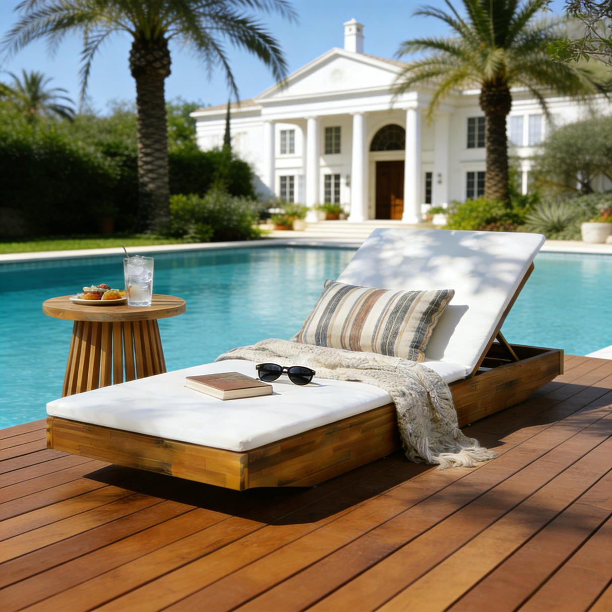 Acacia Wood Chaise Lounge with 2-Fold Thin Cushion - Teak Finish