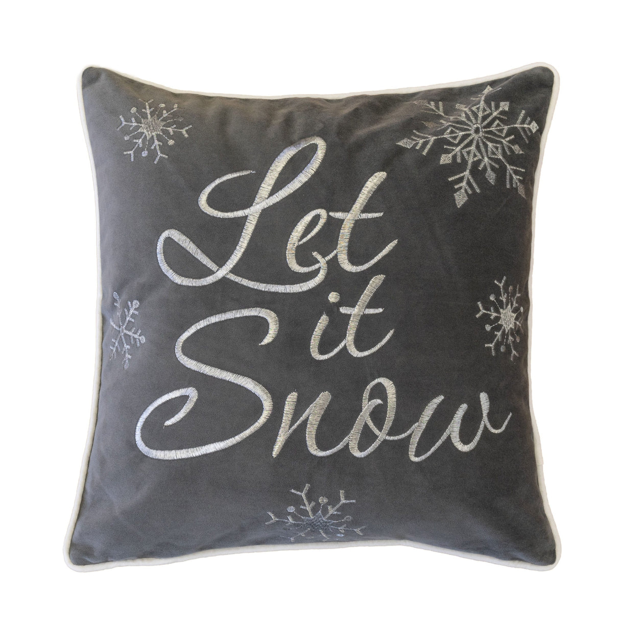 Let It Snow Embroidered Cotton Throw Pillow – 20x20 Gray Winter Accent Cushion