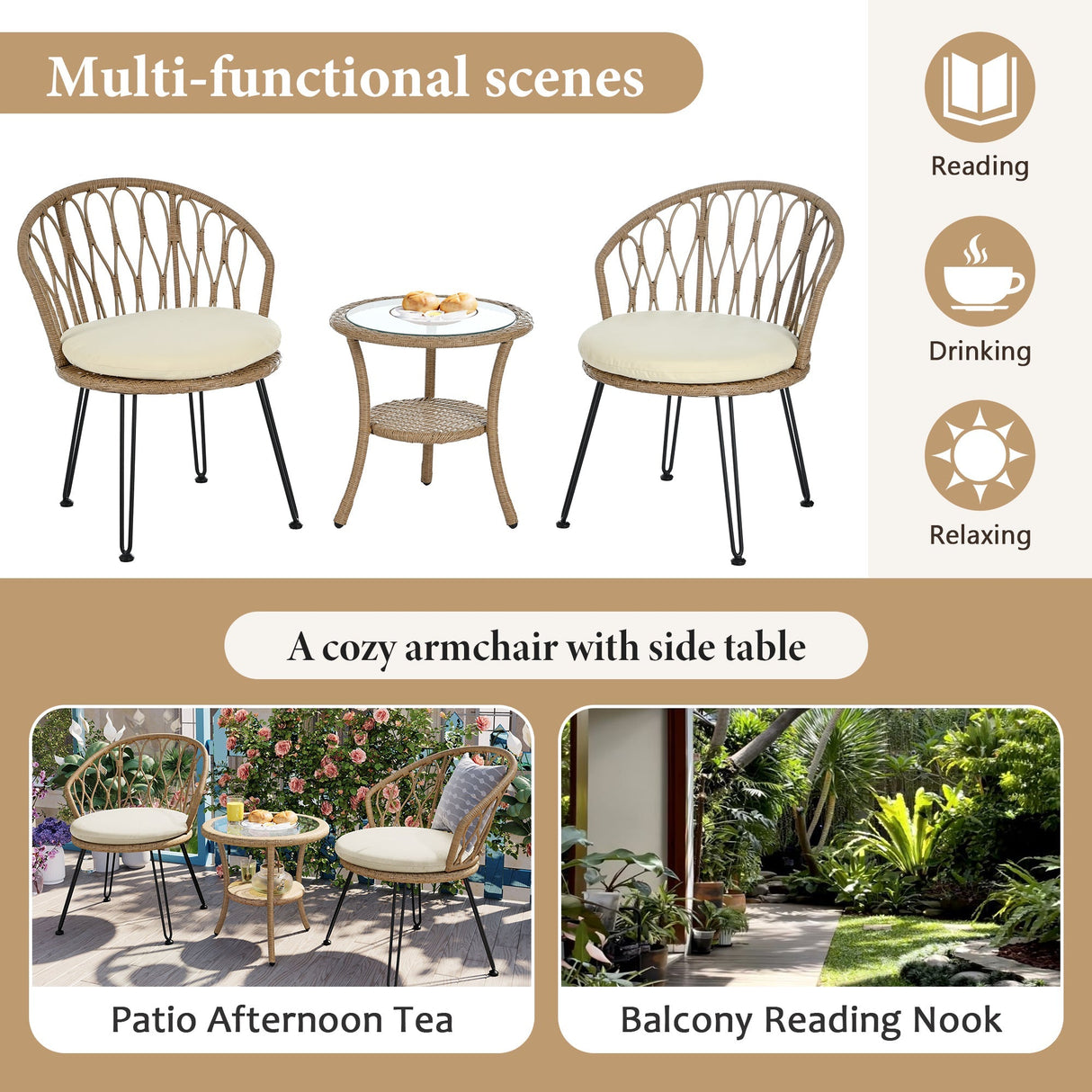U_STYLE Outdoor Leisure Set, 2 Rattan Single Chairs with Glass Round Table