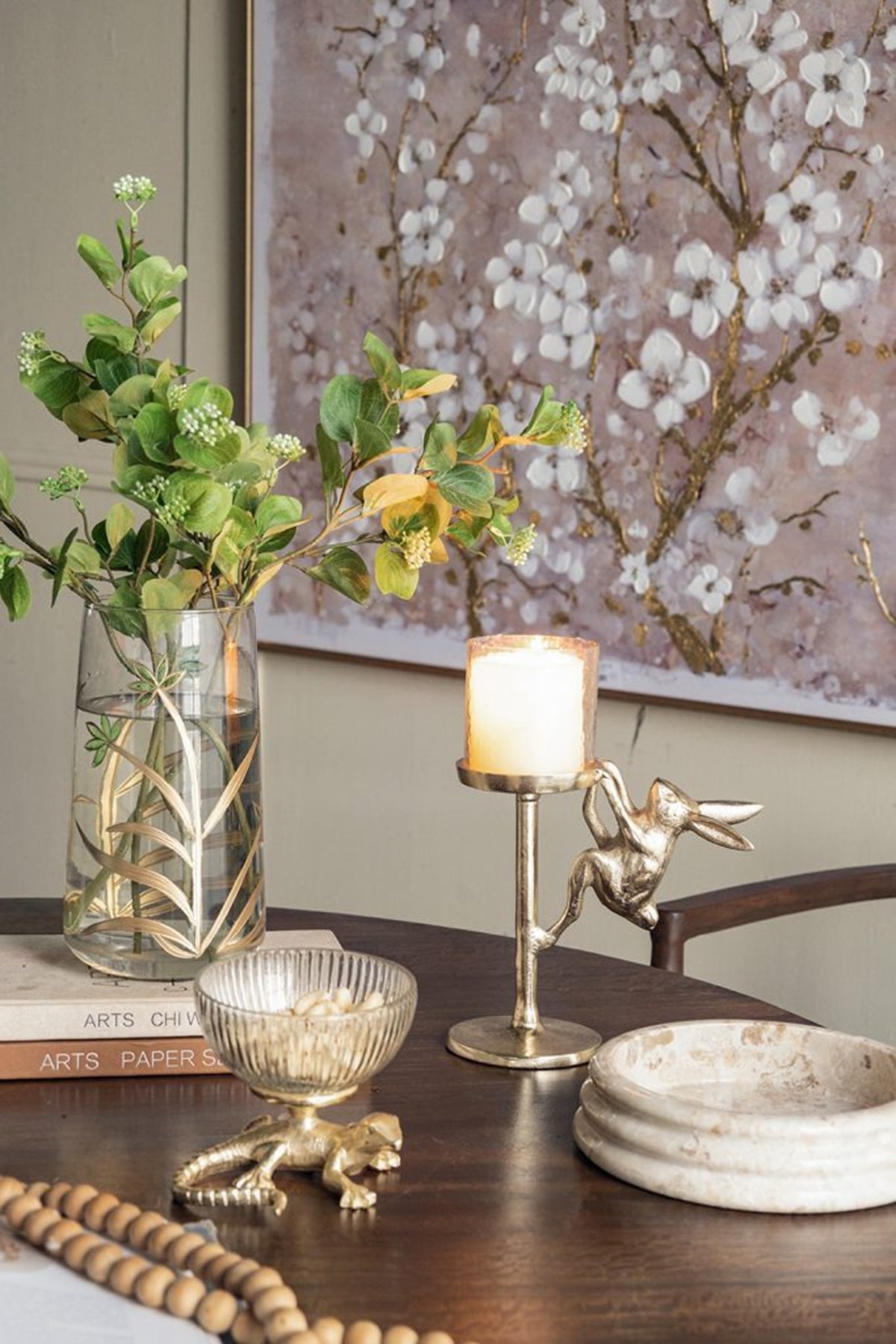 Gold Rabbit Pillar Candle Holder with Clear Glass Hurricane Shade