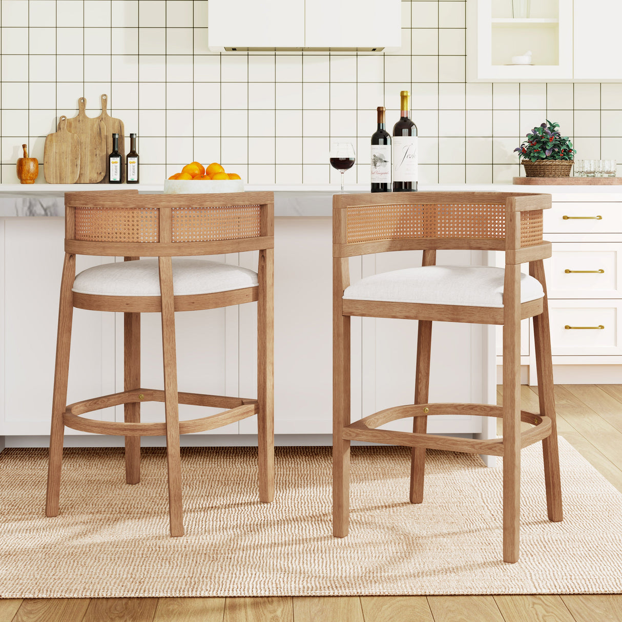 Wood And Rattan Upholstered Arm Bar Stools, Set of 2