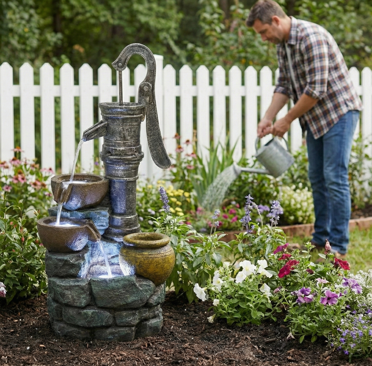 32'' H Large Outdoor Fountain with Vintage Pump - Grey