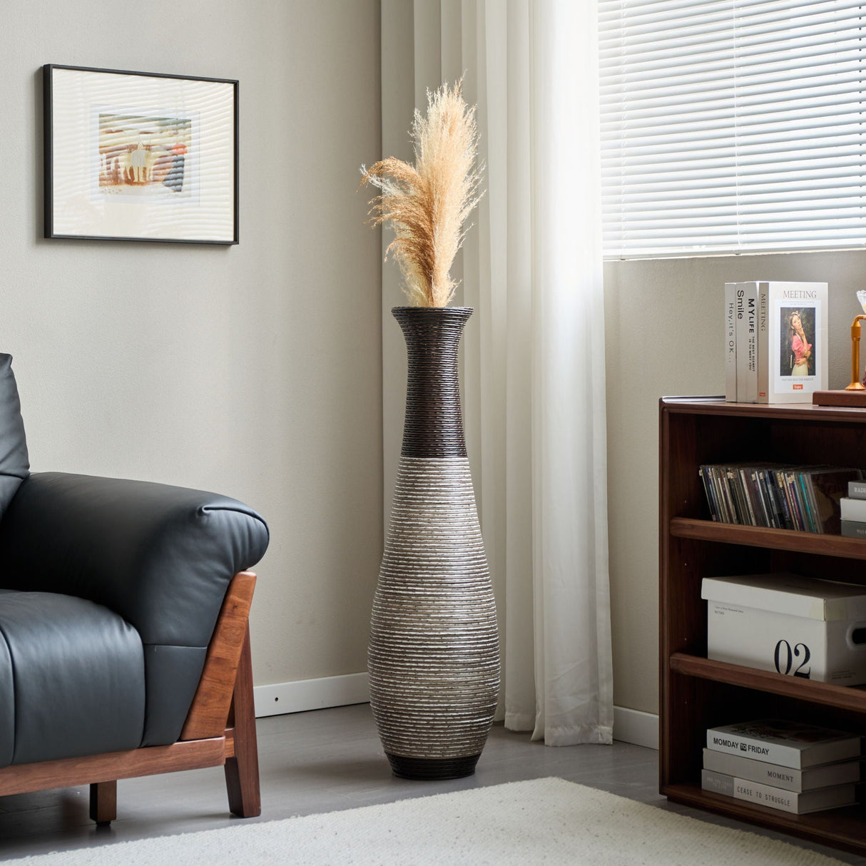 Tall Standing Designer Floor Vase Durable Artificial Rattan Elegant 2 Tone Finish Ideal Decor Accent For Living Room, Bedroom, Entryway Stylish Home Decor Statement Piece - Black / Gray
