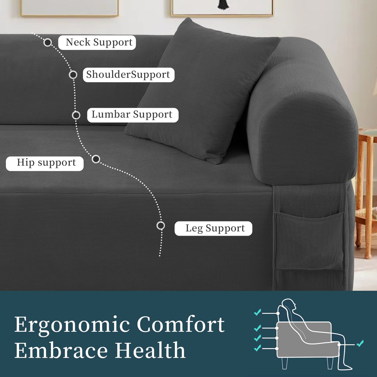 Spring Sofa with High-Quality FabricPillows & Storage - Gray