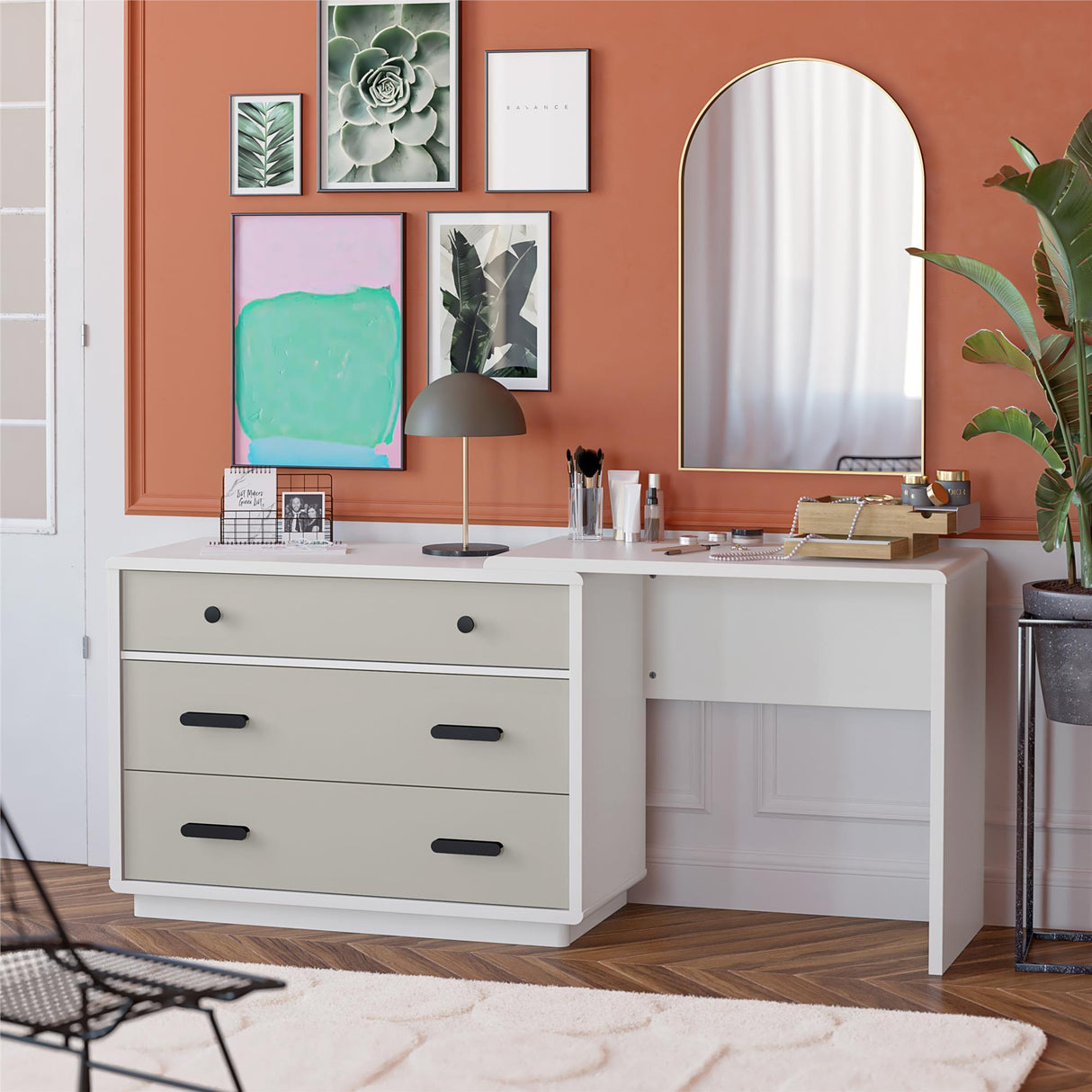 Valencia - 3 Drawer Dresser And Desk - Taupe