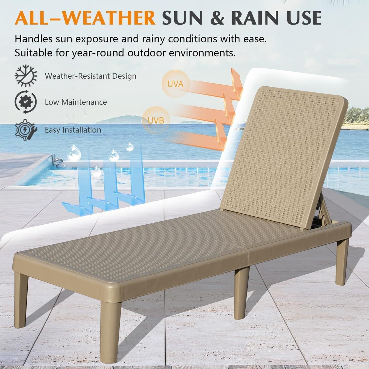 Pool Lounge Chairs Set of 2, Outdoor Lounge Chairs with 6 Positions Backrest Adjustable, Resin Waterproof Chaise Lounge Outdoor for Poolside Patio Garden Deck