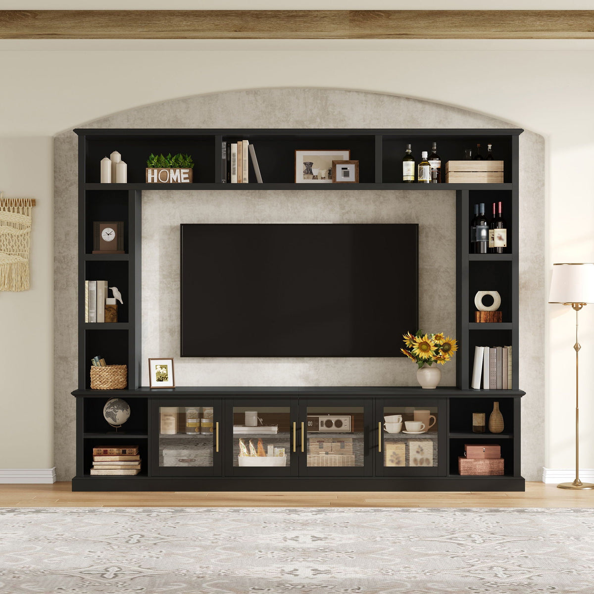 All-In-One Entertainment Center With Bookshelves & Tempered Glass Doors, TV Console Unit For Living Room