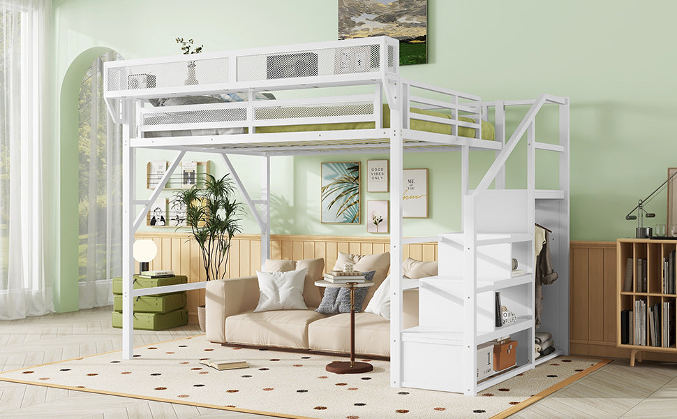 Queen Size Loft Bed with Stairs, Metal Queen Loft Bed with Storage Shelves