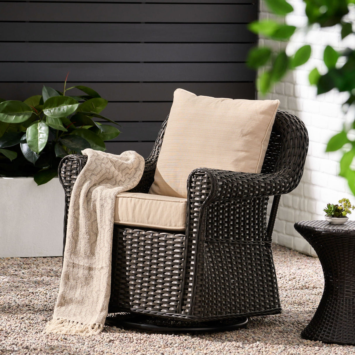 Amaya Outdoor Swivel Rocker Chair with Water Resistant Cushions - Brown / Beige