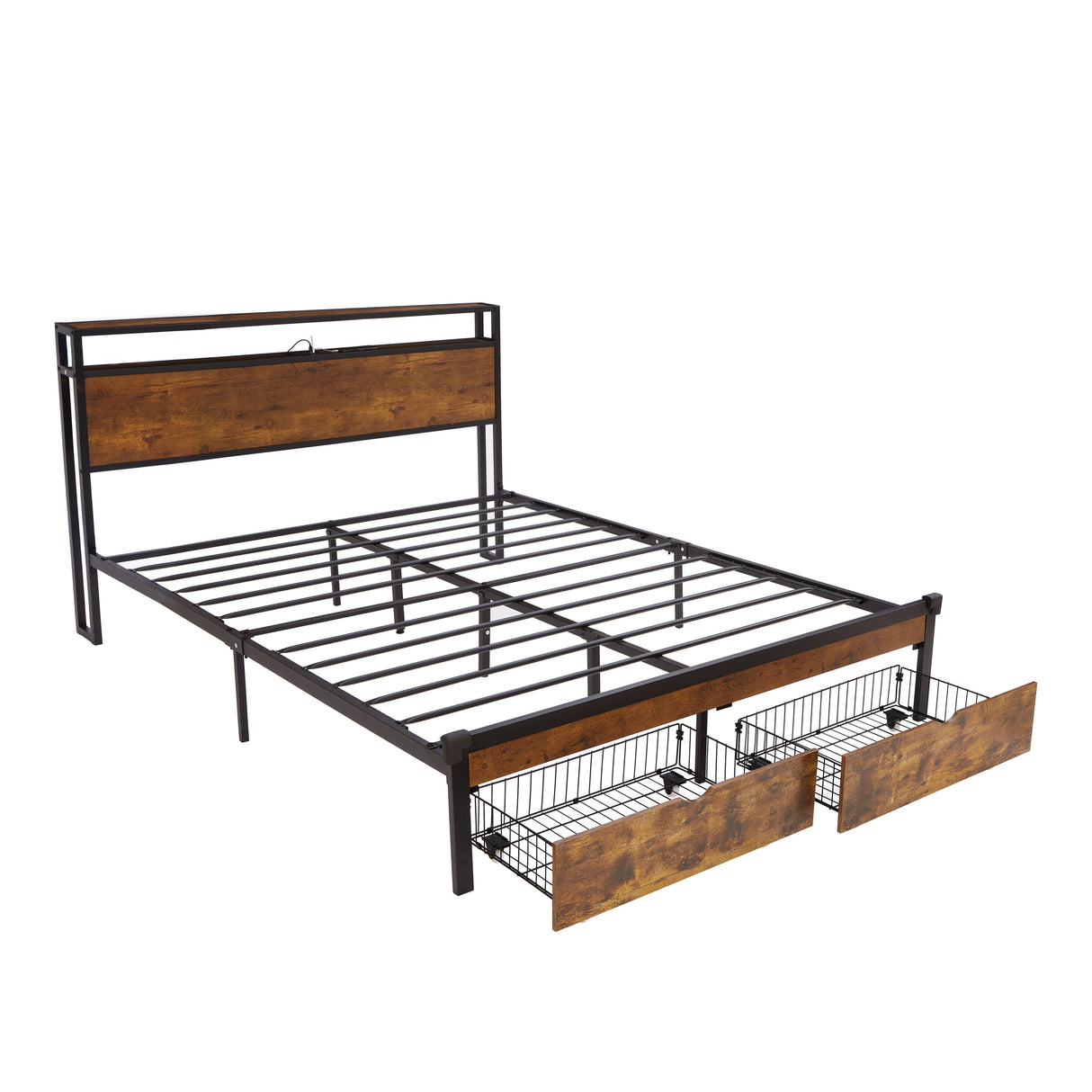 Modern King Size Metal Platform Bed Frame with Wooden Headboard, USB Charging