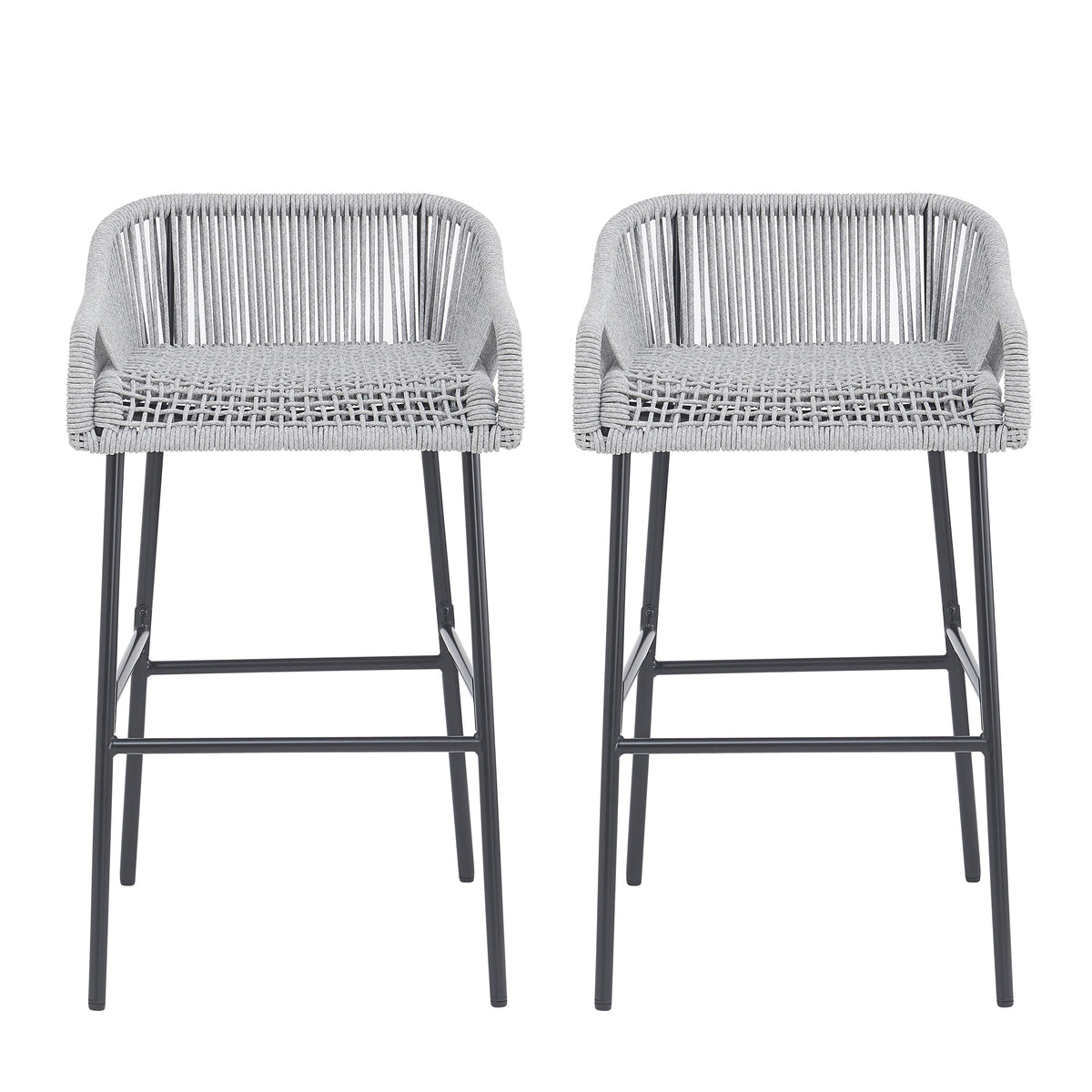 Light Gray Rope Outdoor Bar Stool Set with UV Resistance - Set of 2