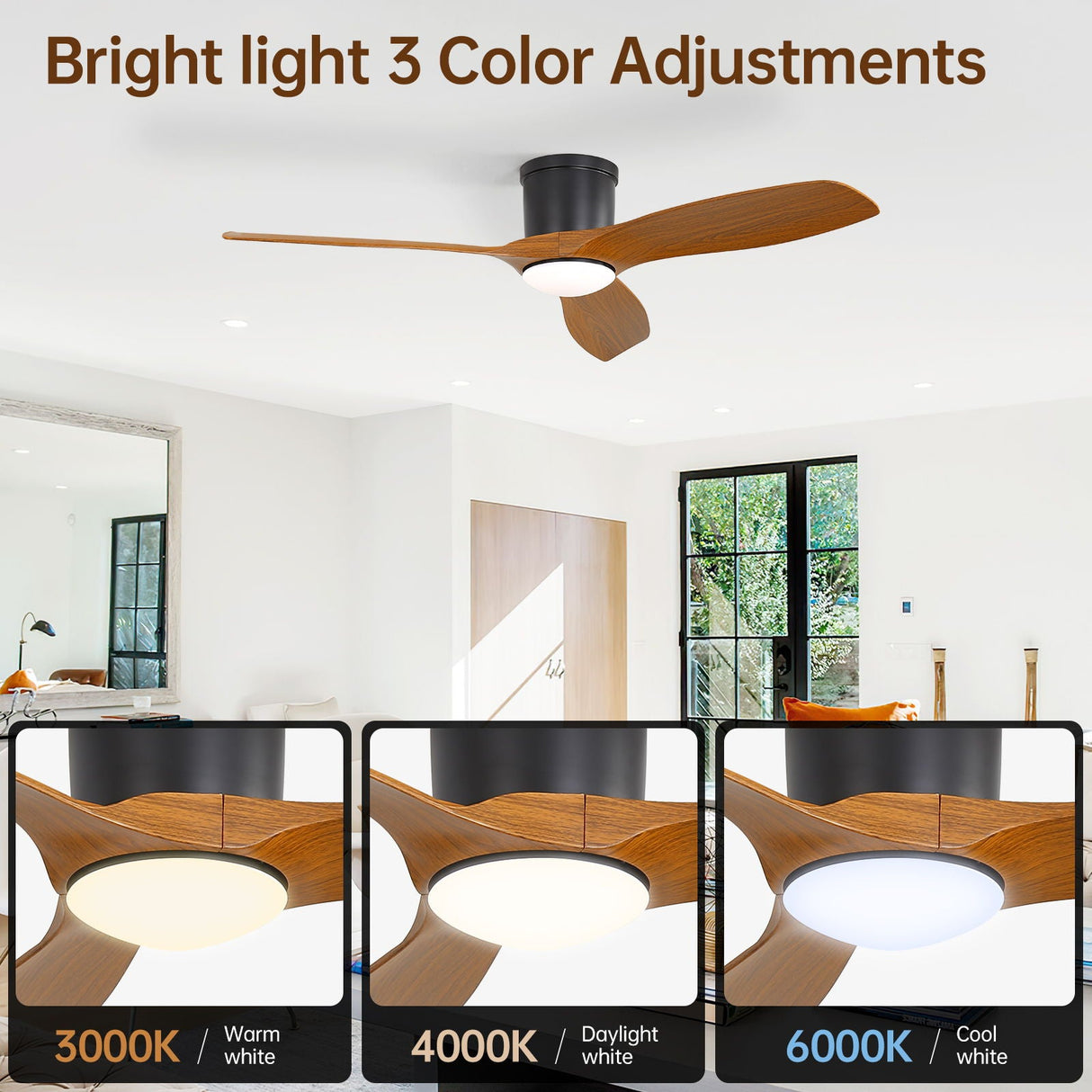 Smart Ceiling Fan With Remote Control, 3 Blades, Dimmable LED Light, Reversible DC Motor - Black