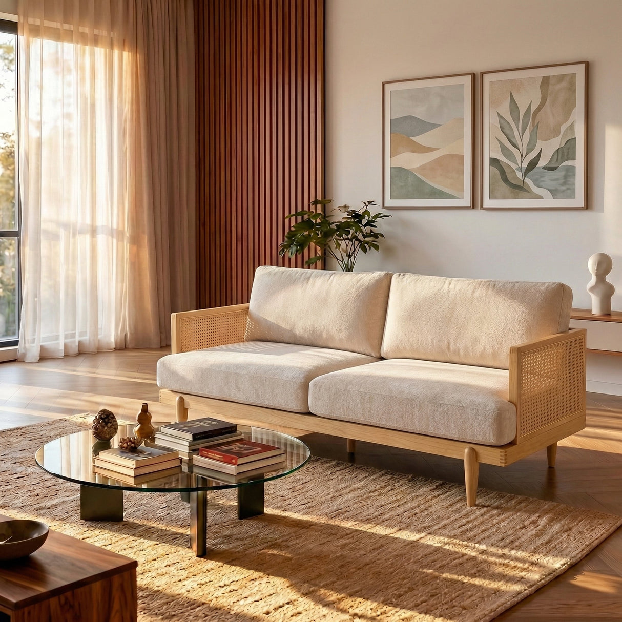 Emir 72" Square Arm 3-Seater Boucle Sofa with Cane Rattan and Wooden Frame