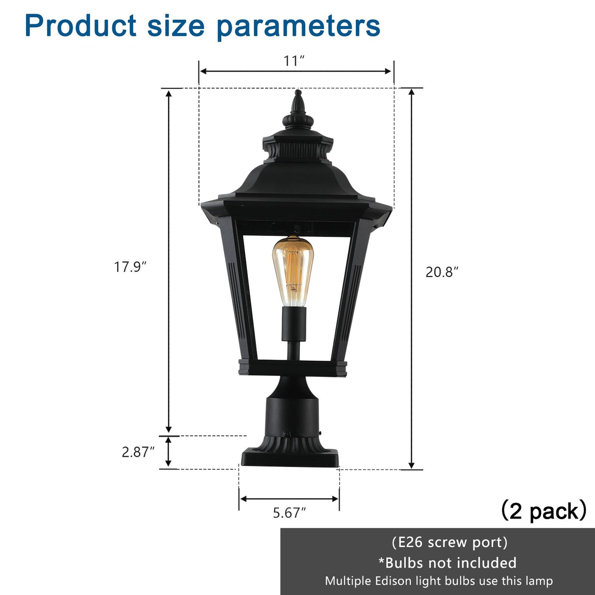 21' Outdoor Post Lantern Light 2-Pack – Vintage Black Metal & Clear Glass