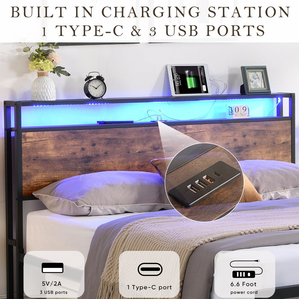 Bed frame with storage, led headboard, drawers & usb port