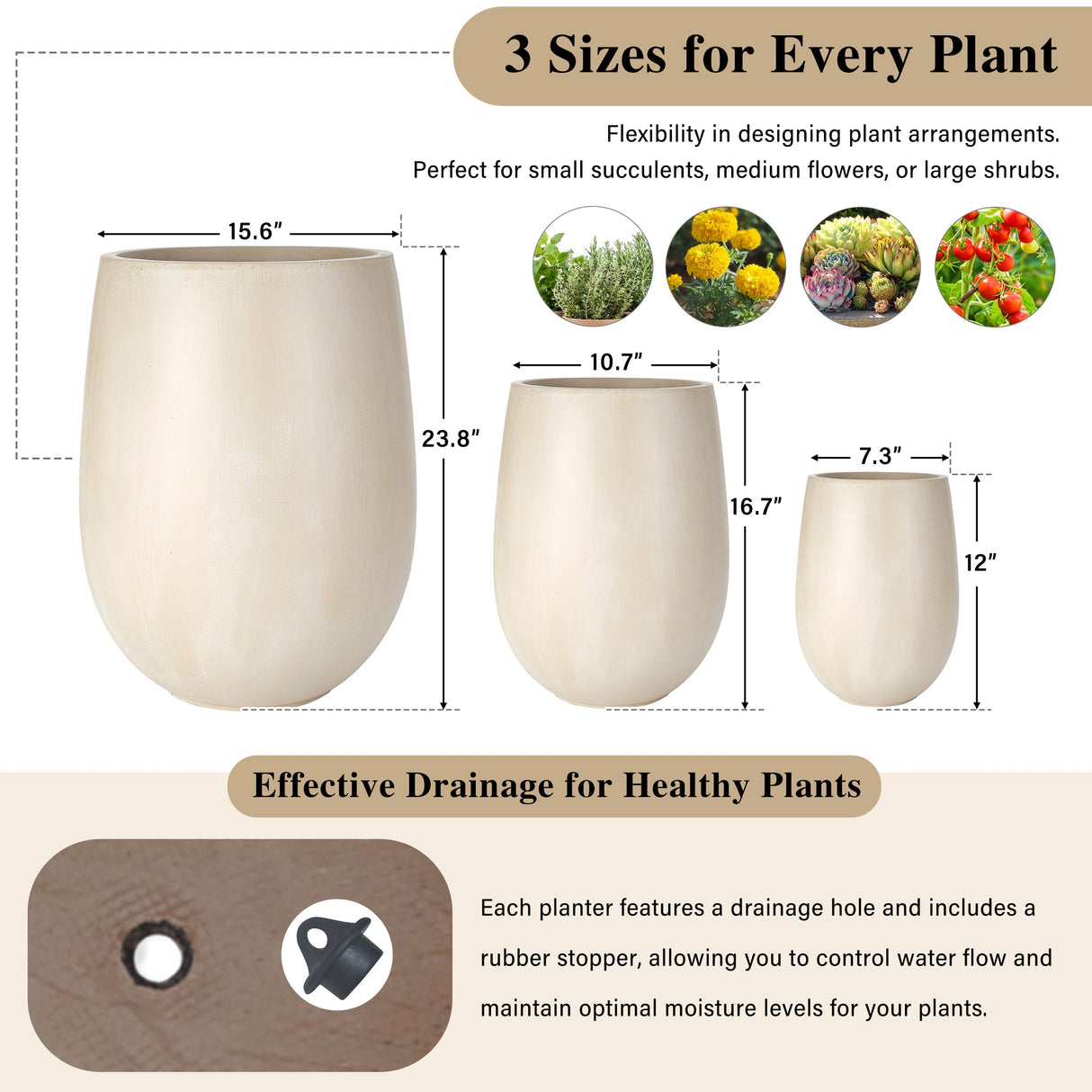 U_STYLE Lightweight Round MGO Outdoor Planter Set - 3 Sizes