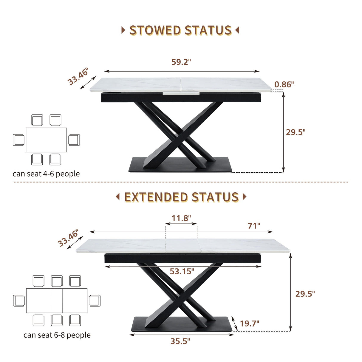 Dining Table With Geometric X Frame For Kitchen Or Dining Room - White Marble